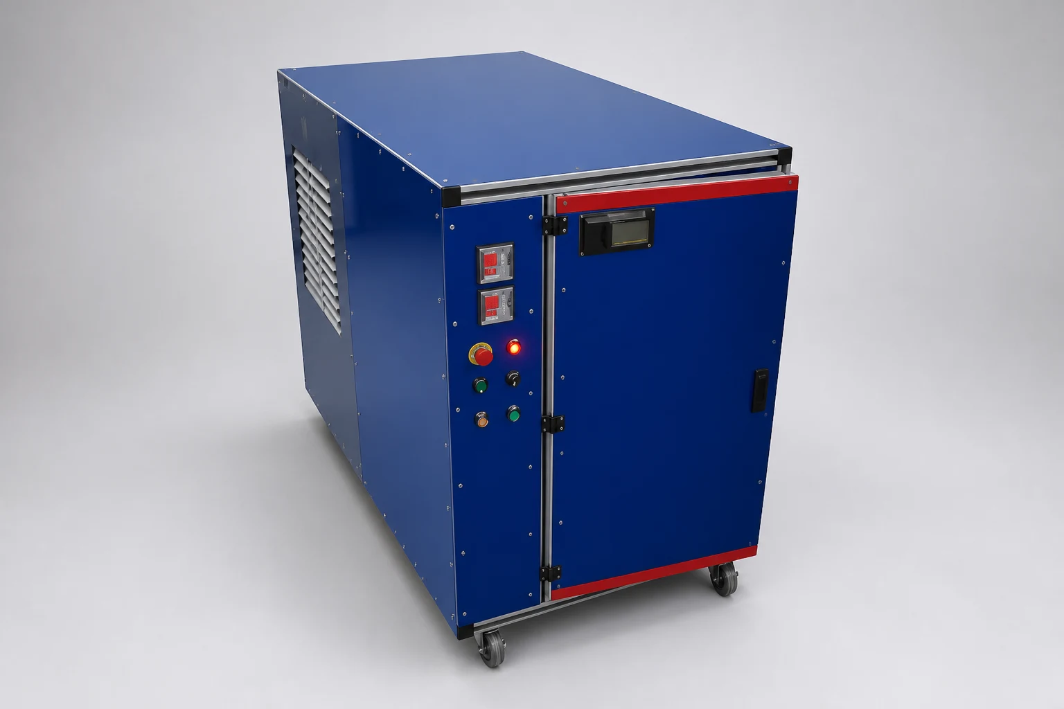 AI-Series anti-islanding load bank in a blue mobile cabinet with front control panel, digital meters and ventilation louvres