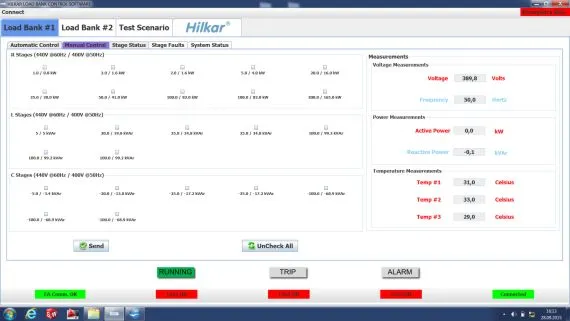 AI-Series manual control software interface with R, L and C stage check boxes and live voltage, power and temperature readings