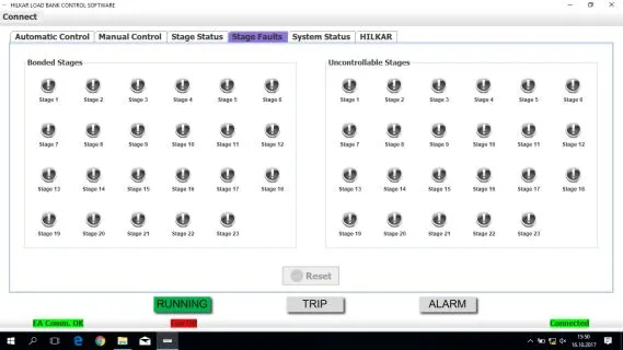 AI-Series stage faults window listing bonded and uncontrollable stages 1 to 23 with a reset button