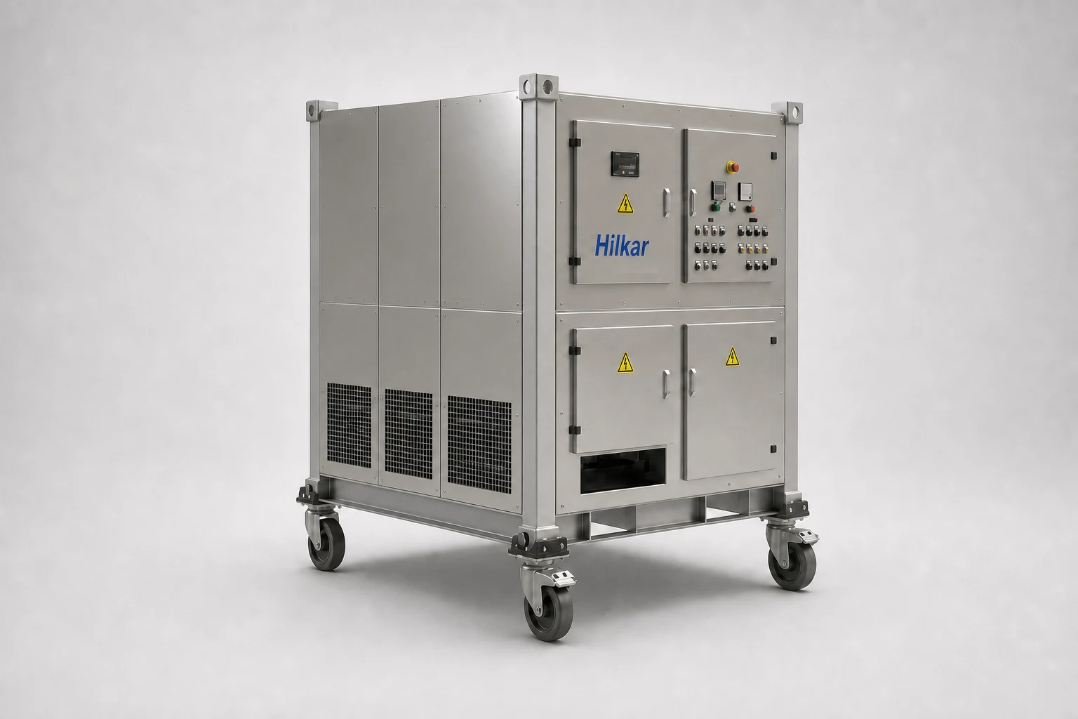 Portable C-Series combined load bank with stainless steel enclosure, control panel, ventilation grilles and castor wheels