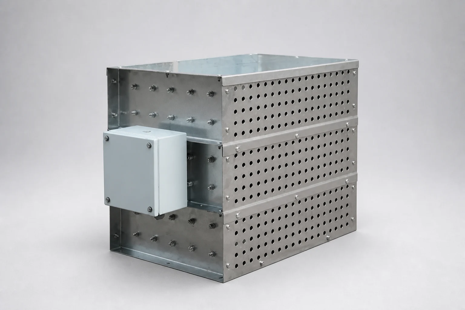 Crowbar resistor bank with three stacked perforated galvanized enclosure sections and side junction box