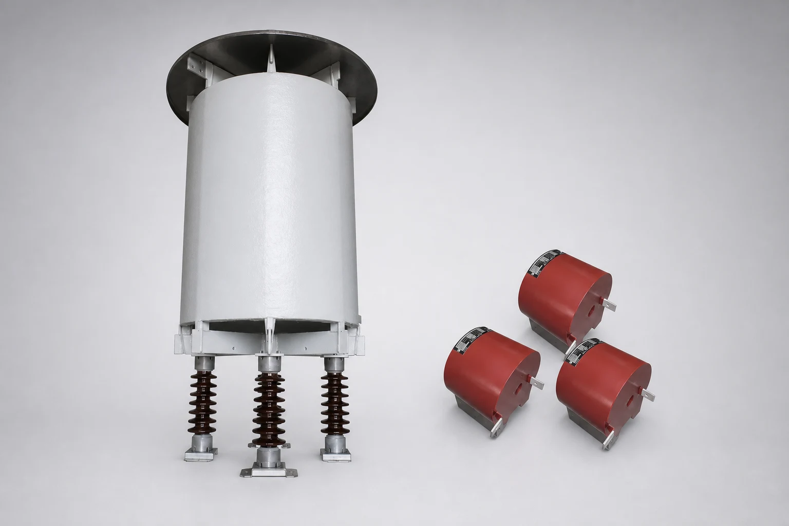 Air core current limiting reactor with top cover on three support insulators, beside three small red cast-resin coils