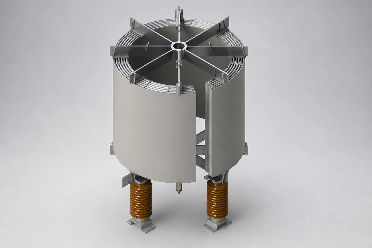 Air core reactor with split cylindrical winding, spider-arm frame and two support insulators