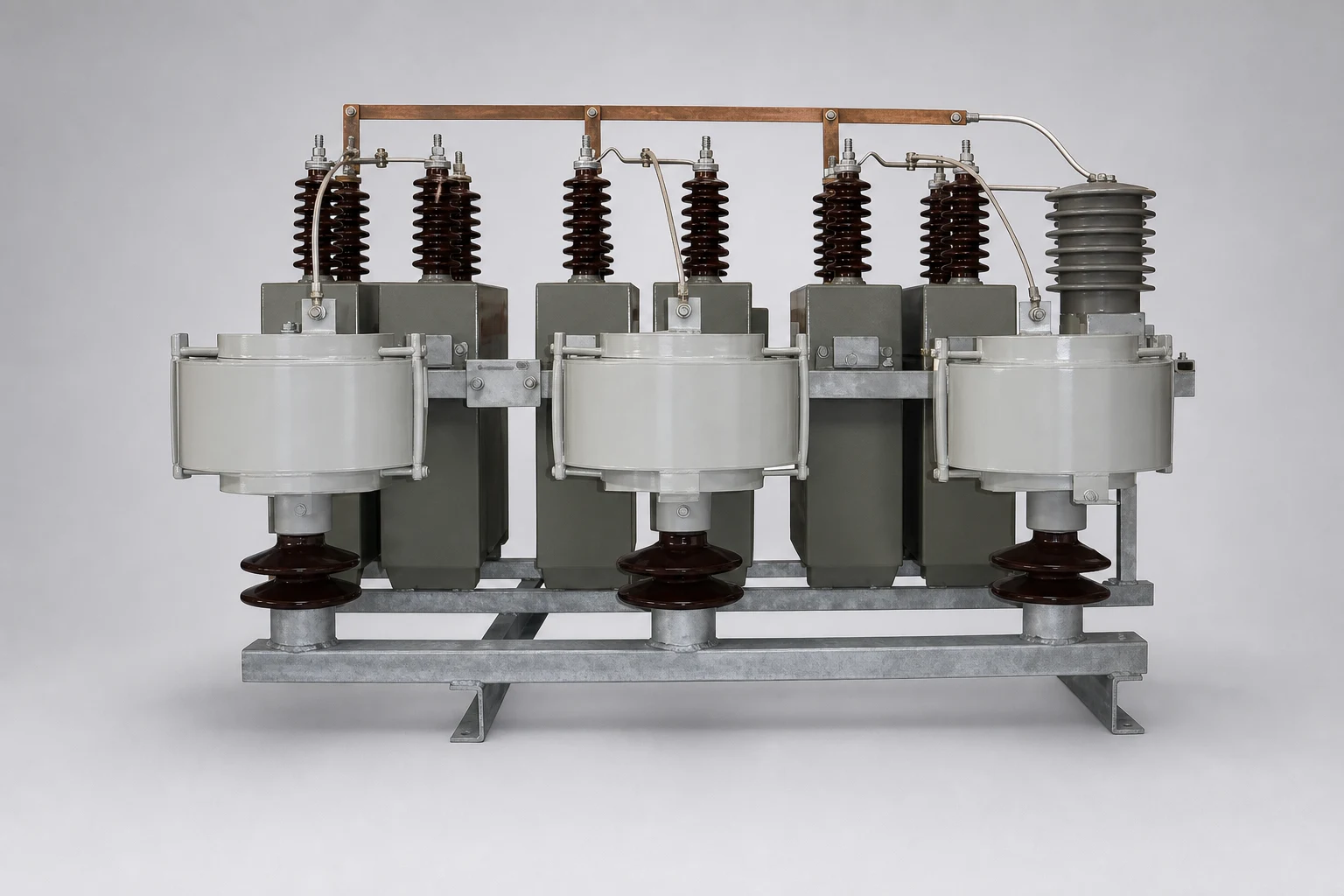 Three air core inrush current limiting reactors in front of capacitor units on a galvanised steel frame with copper busbar
