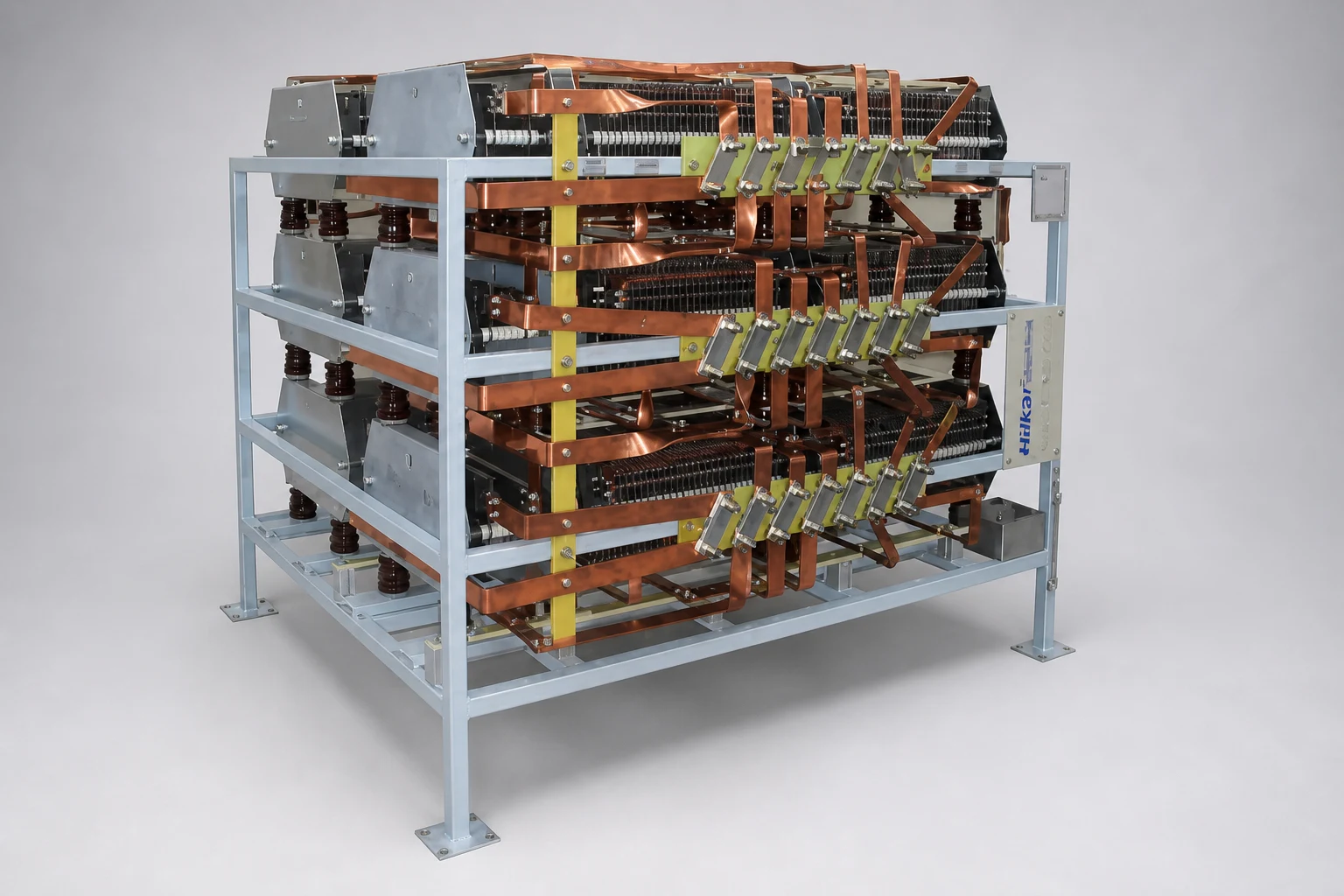 Hilkar open-frame current limiting resistor with three stacked grid-element tiers and copper busbars