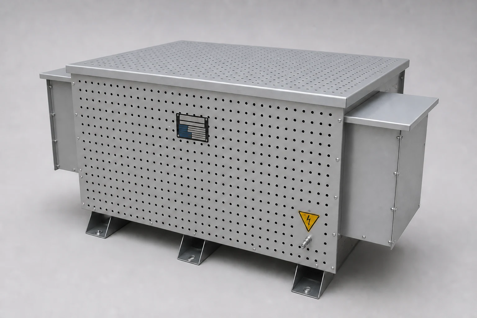 Hilkar current limiting resistor in perforated steel enclosure with nameplate, warning label and terminal boxes at both ends
