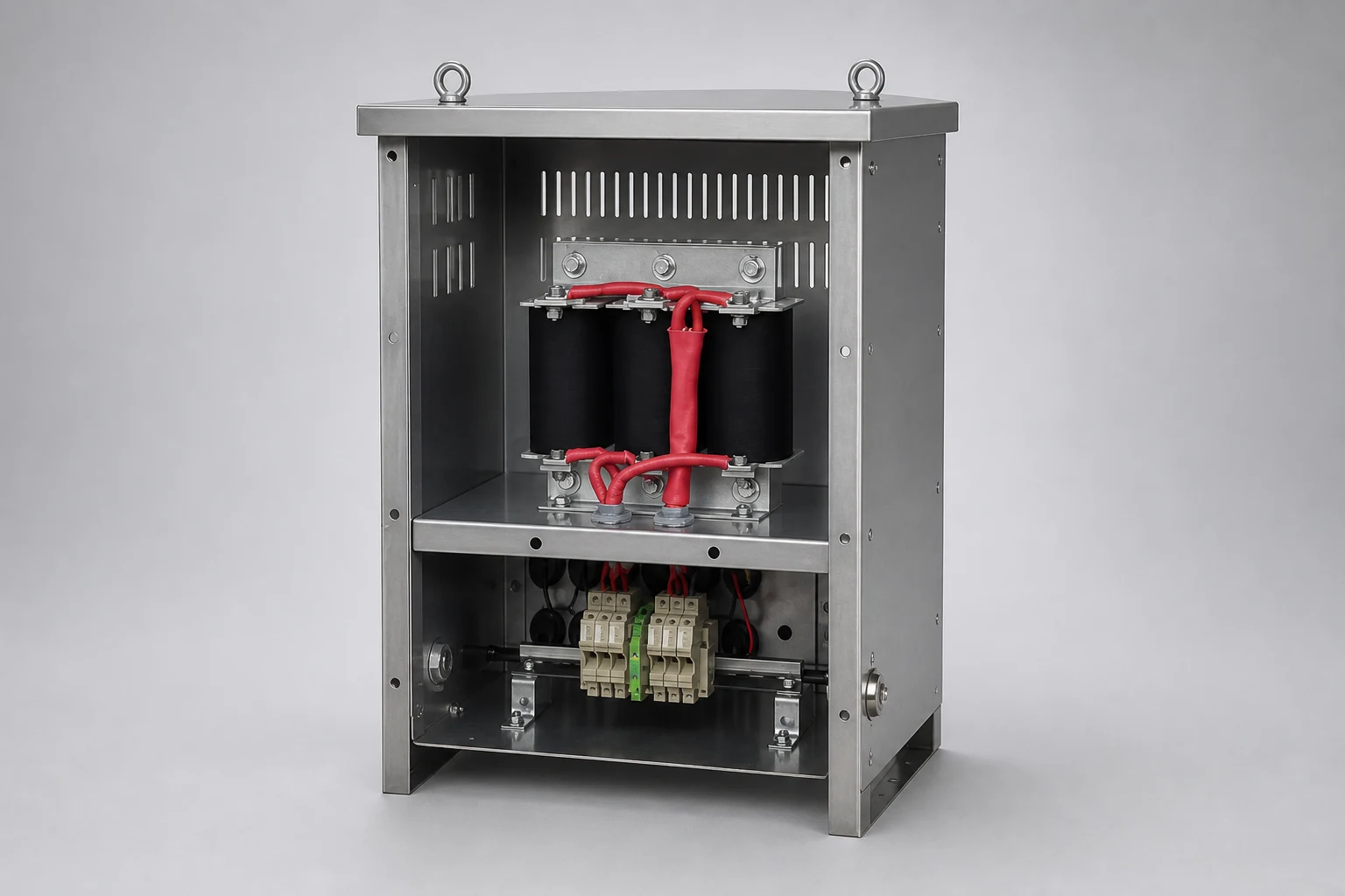Hilkar three-phase dv/dt filter unit in an open stainless-steel enclosure