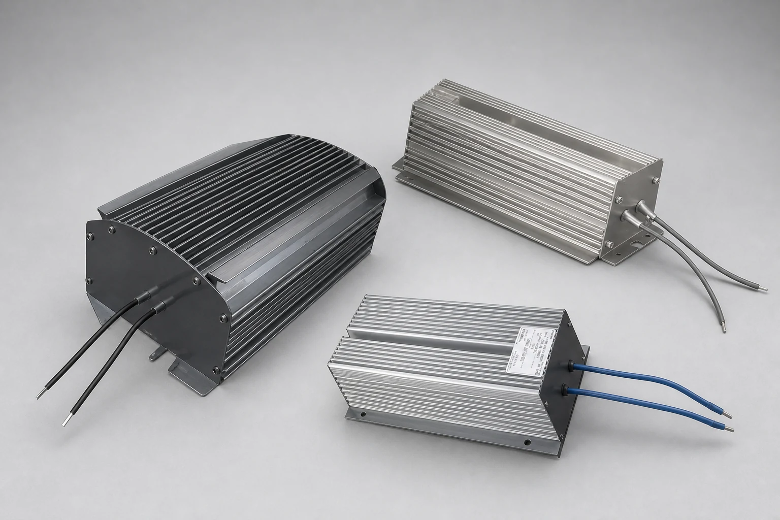 Three aluminium heat-sink dynamic braking resistor modules in black and natural finishes with lead wires