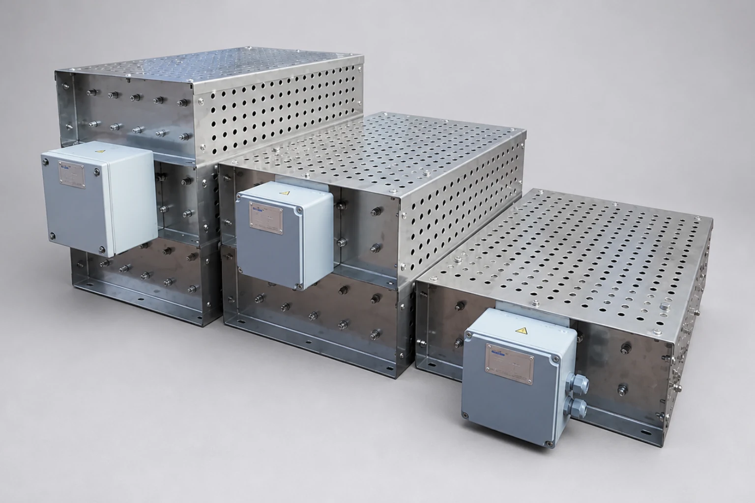 Multiple dynamic braking resistor enclosure models in various sizes with perforated steel housings