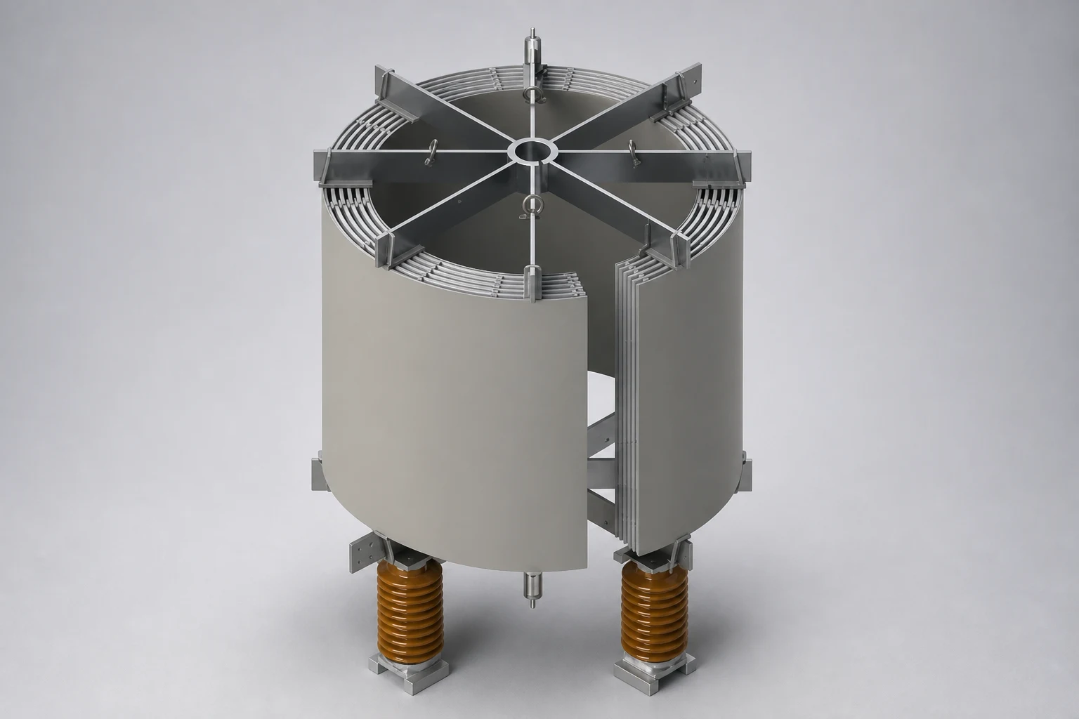 Air core reactor with split cylindrical winding, spider-arm frame and two support insulators