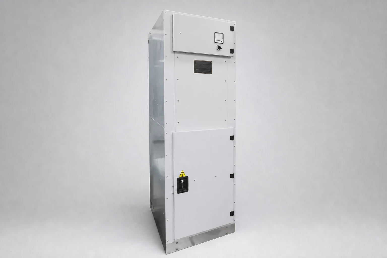 Narrow metal-enclosed generator neutral grounding cubicle with panel meter, selector switch and high-voltage warning label