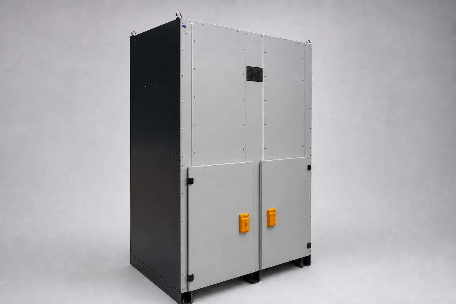 Wide two-door metal-enclosed generator neutral grounding cubicle with light-grey front, dark grey side panels and orange door locks