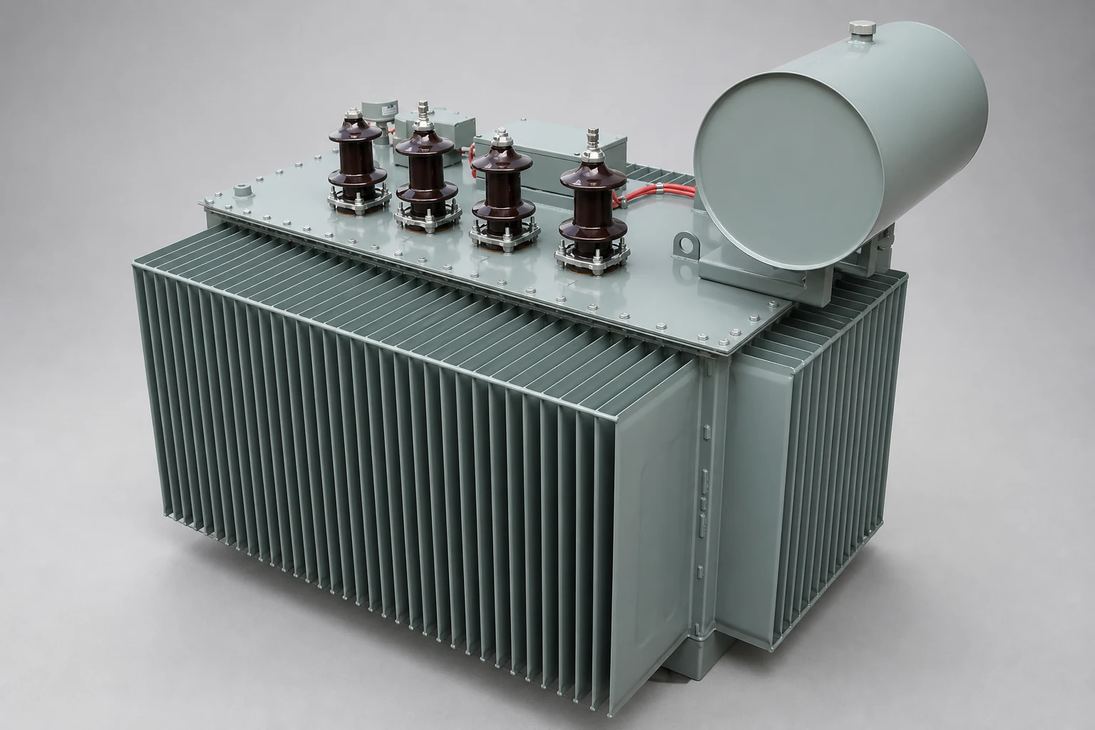 Oil-filled grounding transformer top view showing HV bushings and conservator tank
