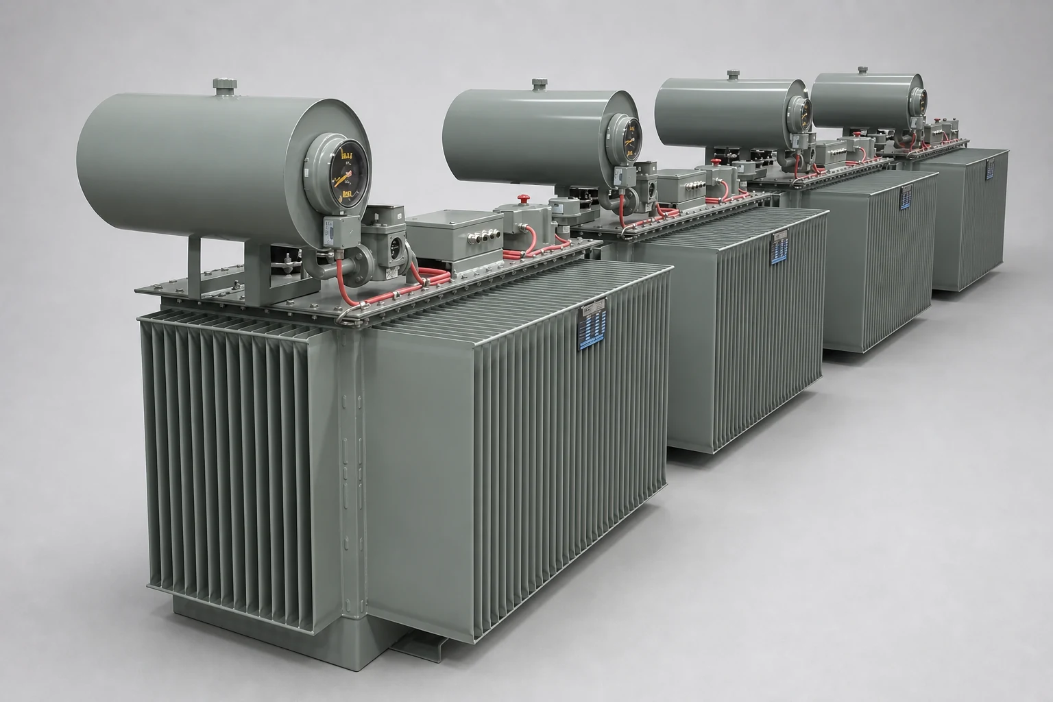 Four oil-filled grounding transformers in a row with corrugated tanks and conservator tanks