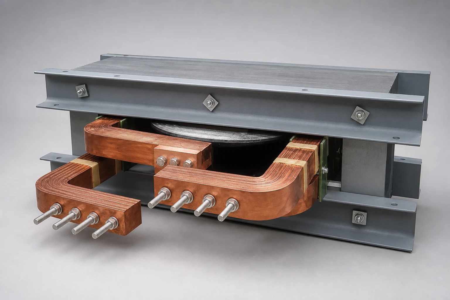 High current transformer with open type construction showing copper busbar secondary winding and laminated core