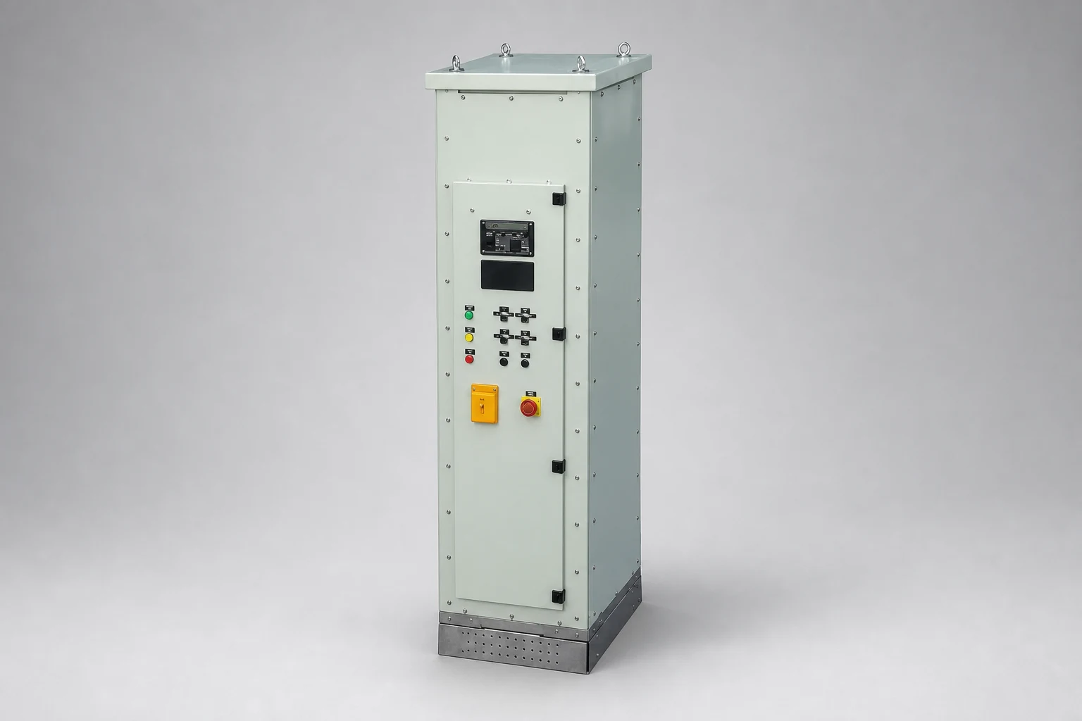 High resistance neutral grounding device panel enclosure with digital monitoring relay, indicator lights, selector switches, and emergency stop