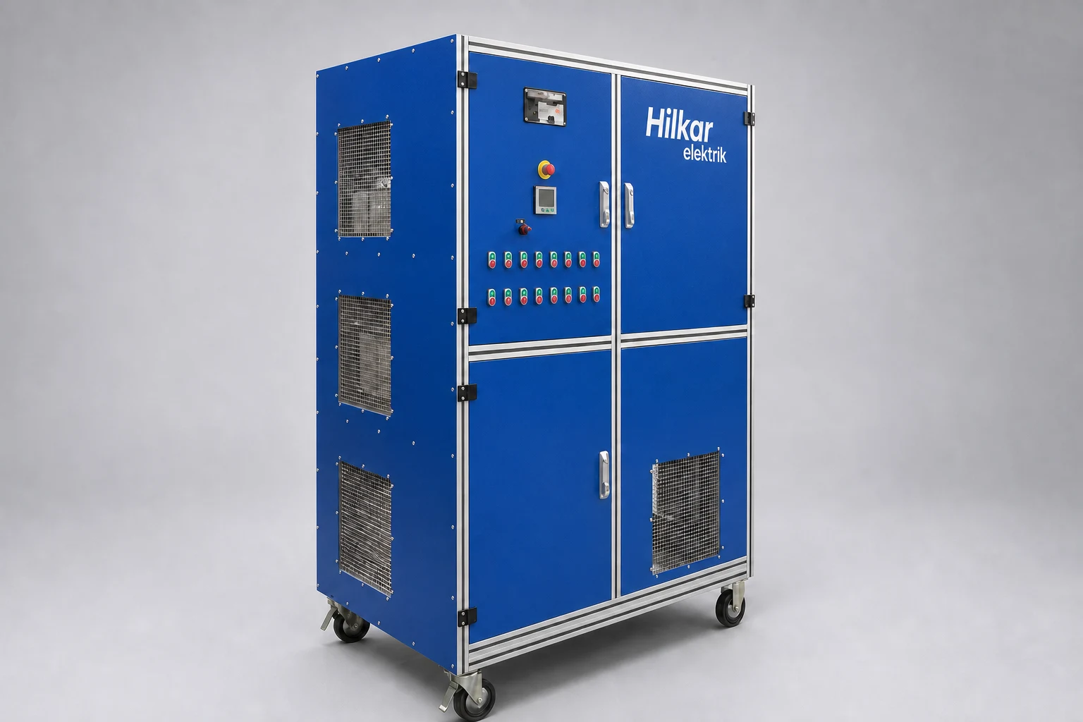 L-Series inductive load bank in a blue cabinet on castors with emergency stop, load step pushbuttons and mesh-covered ventilation openings