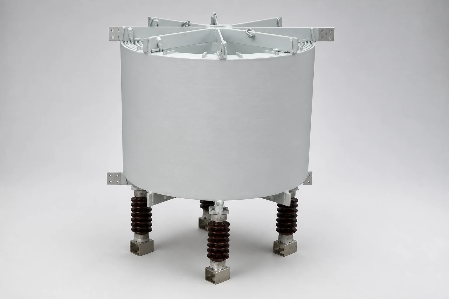 Air core line and load reactor with cylindrical winding, top support frame, insulators and pedestals