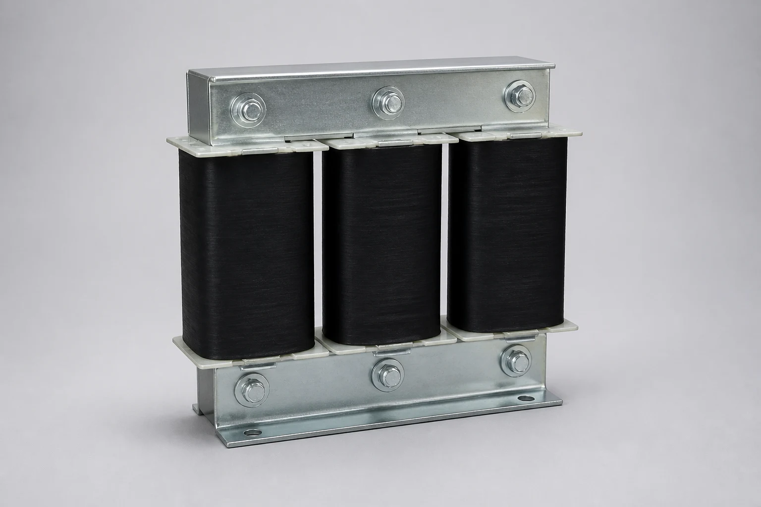 Three-phase iron core line and load reactor with three black windings and galvanized steel frame