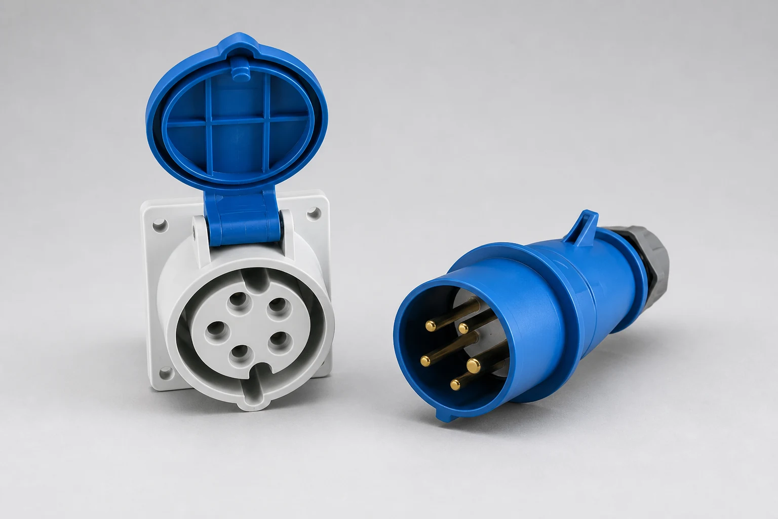 Blue three-phase industrial plug and socket pair: panel-mount socket with hinged lid and five-pin plug for load bank connection
