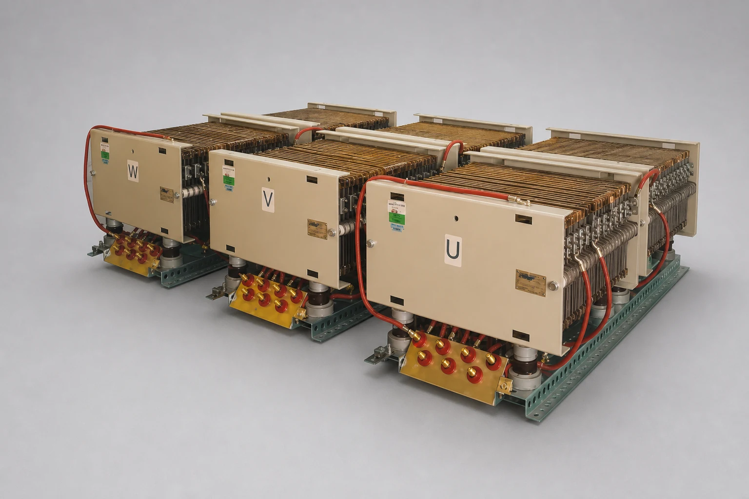 Three-phase motor starting resistor assembly with U, V, W phase grid banks, red cable interconnections and brass terminal plates