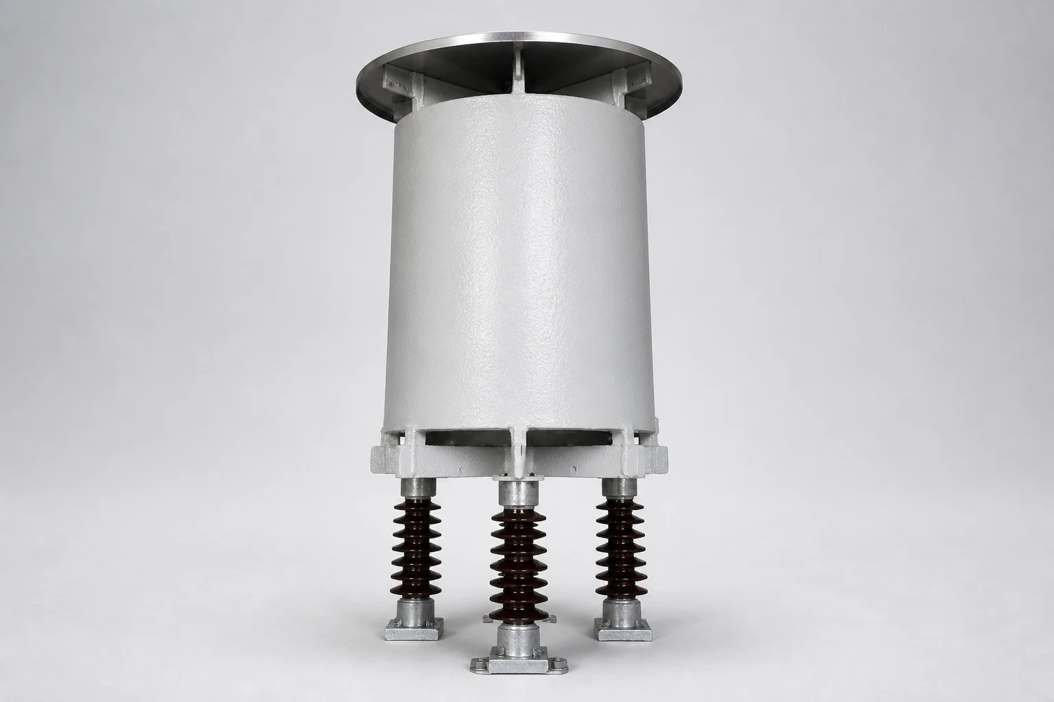 Tall cylindrical air core motor-starting reactor on three porcelain support insulators