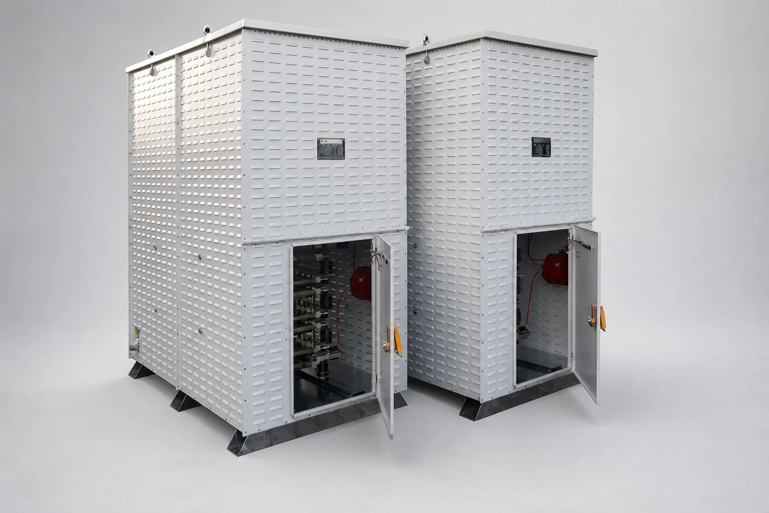 Two large Hilkar neutral grounding resistor enclosures side by side with access doors open