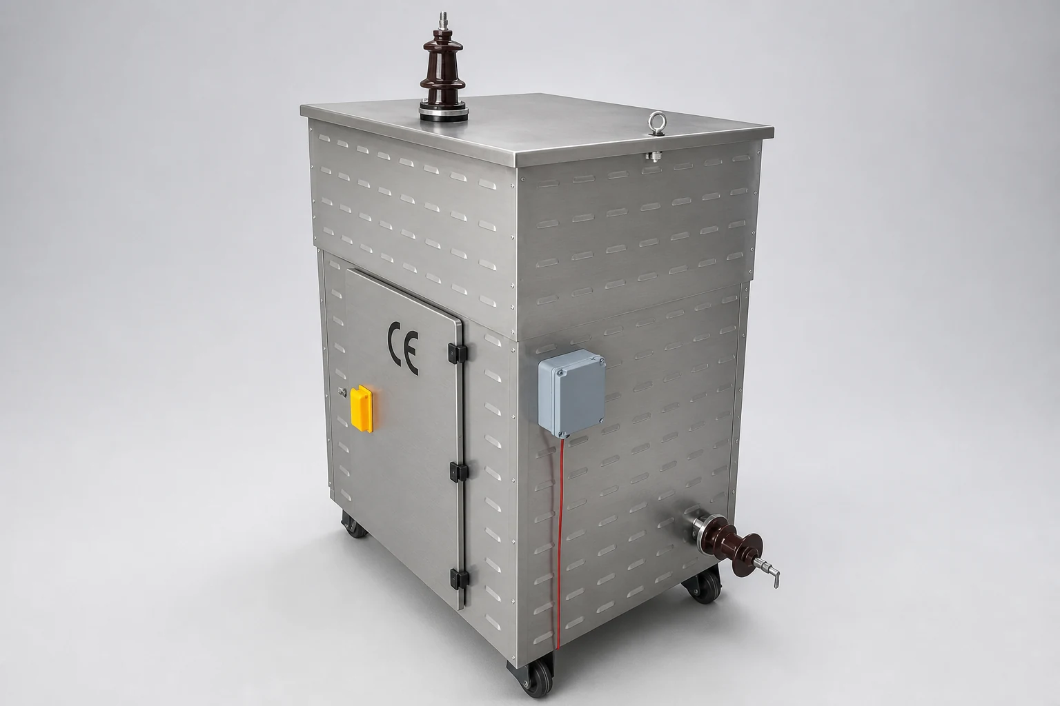 Hilkar neutral grounding resistor in a stainless steel enclosure on castor wheels, with two porcelain bushings, a lifting eyebolt, and a terminal box
