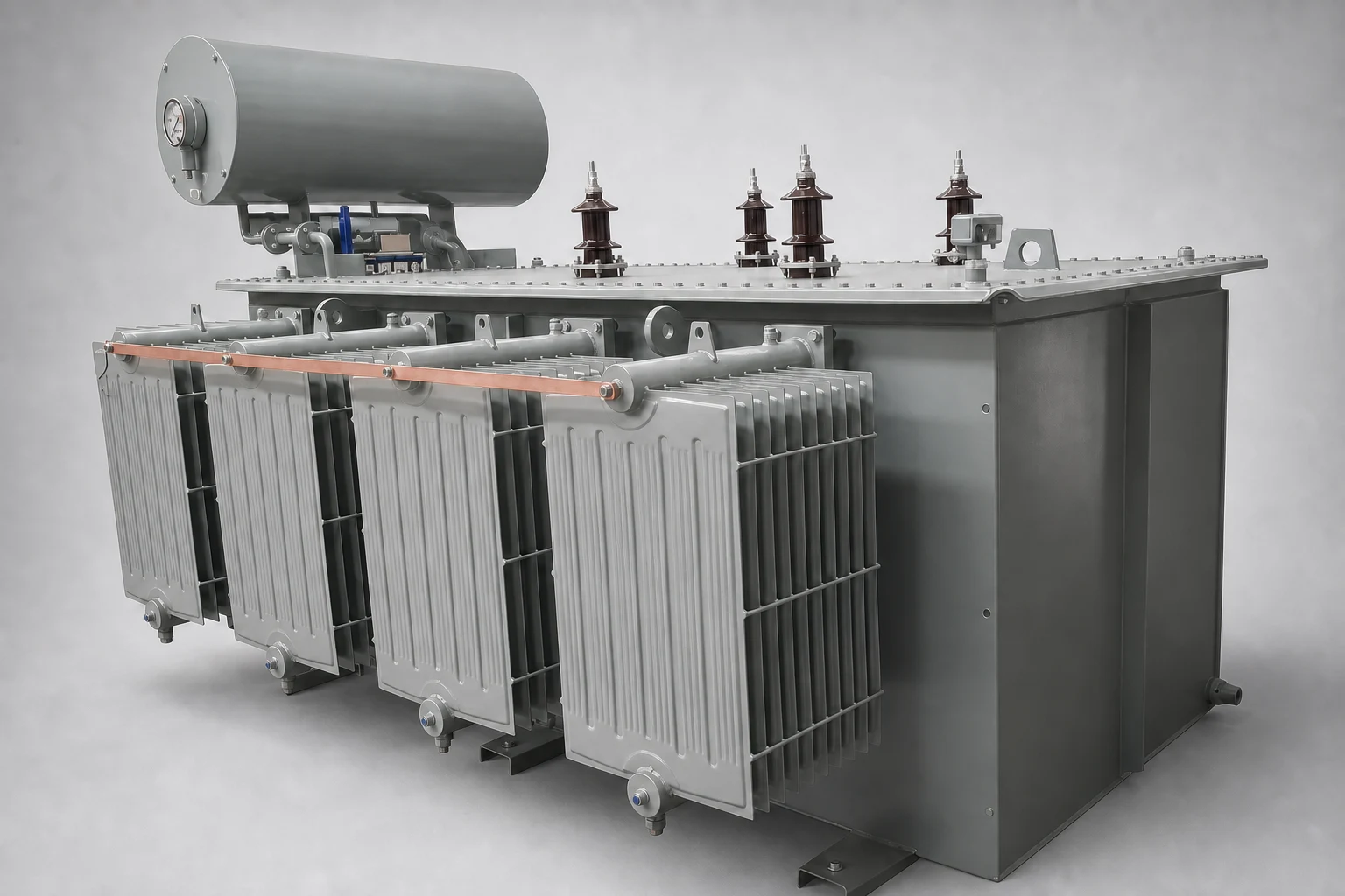 Oil filled magnetically shielded current limiting reactor in tank with bushings and radiators