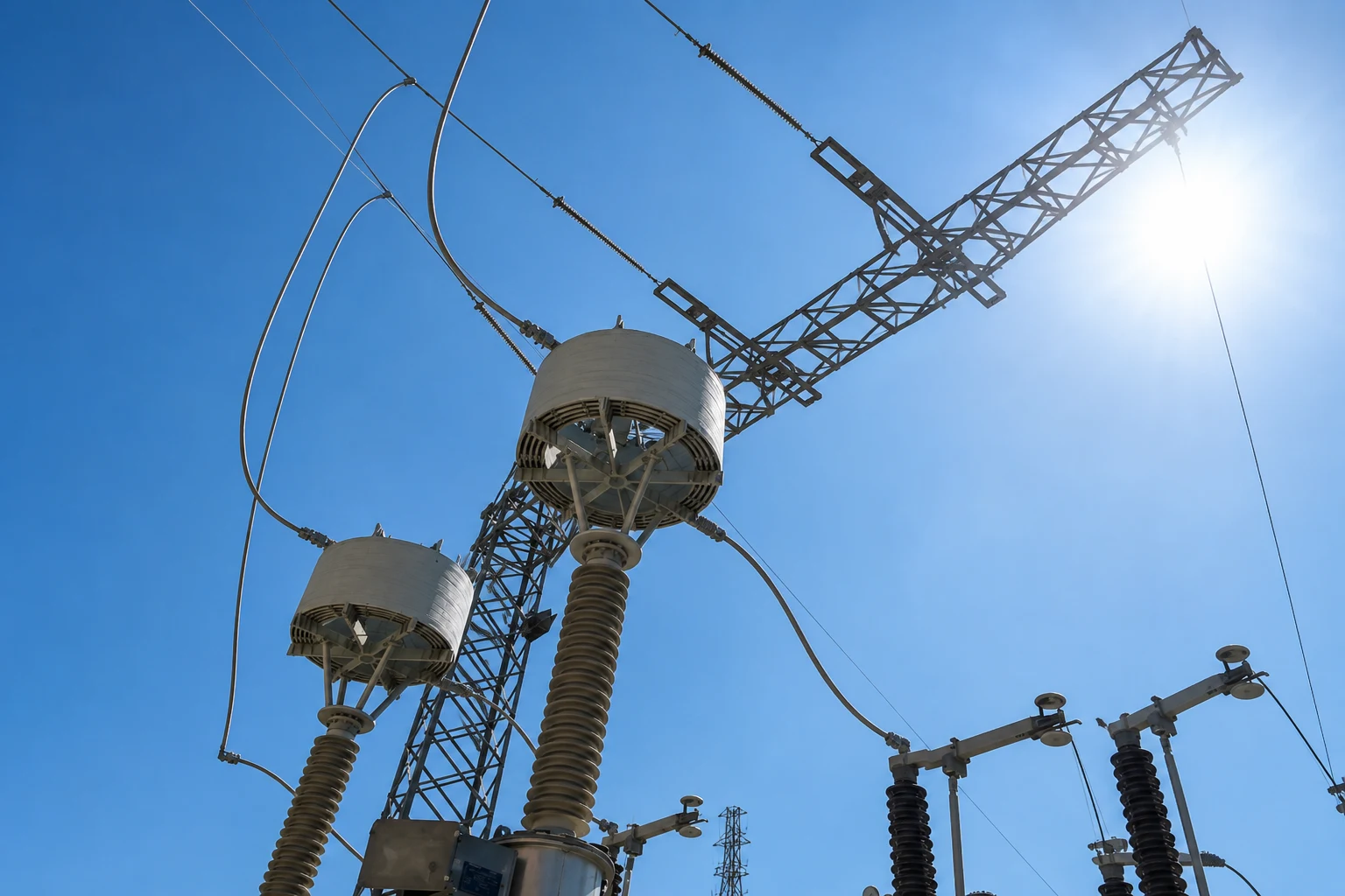 Two PLC line traps on top of tall insulator columns at an outdoor substation, with a lattice gantry behind