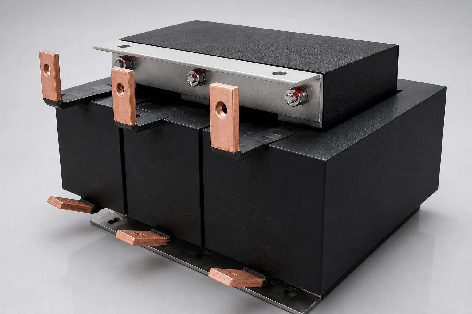 Compact potted transformer for railway auxiliary converters with copper terminals