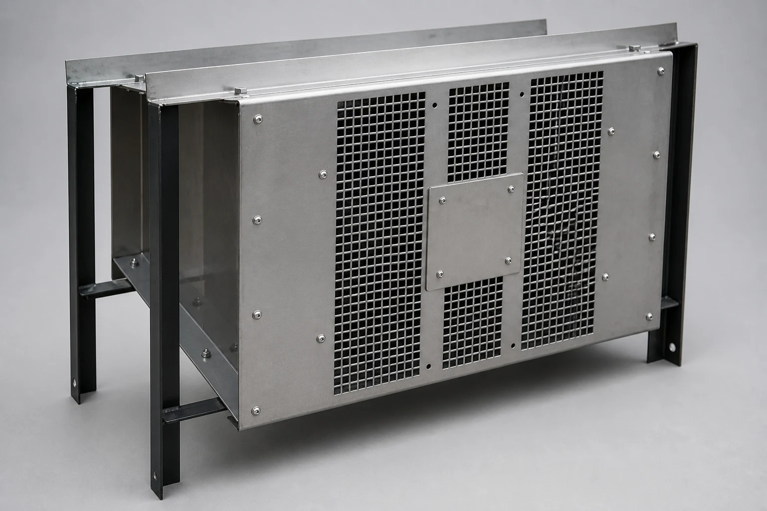 Mesh-vented stainless-steel railway braking resistor enclosure on mounting frame