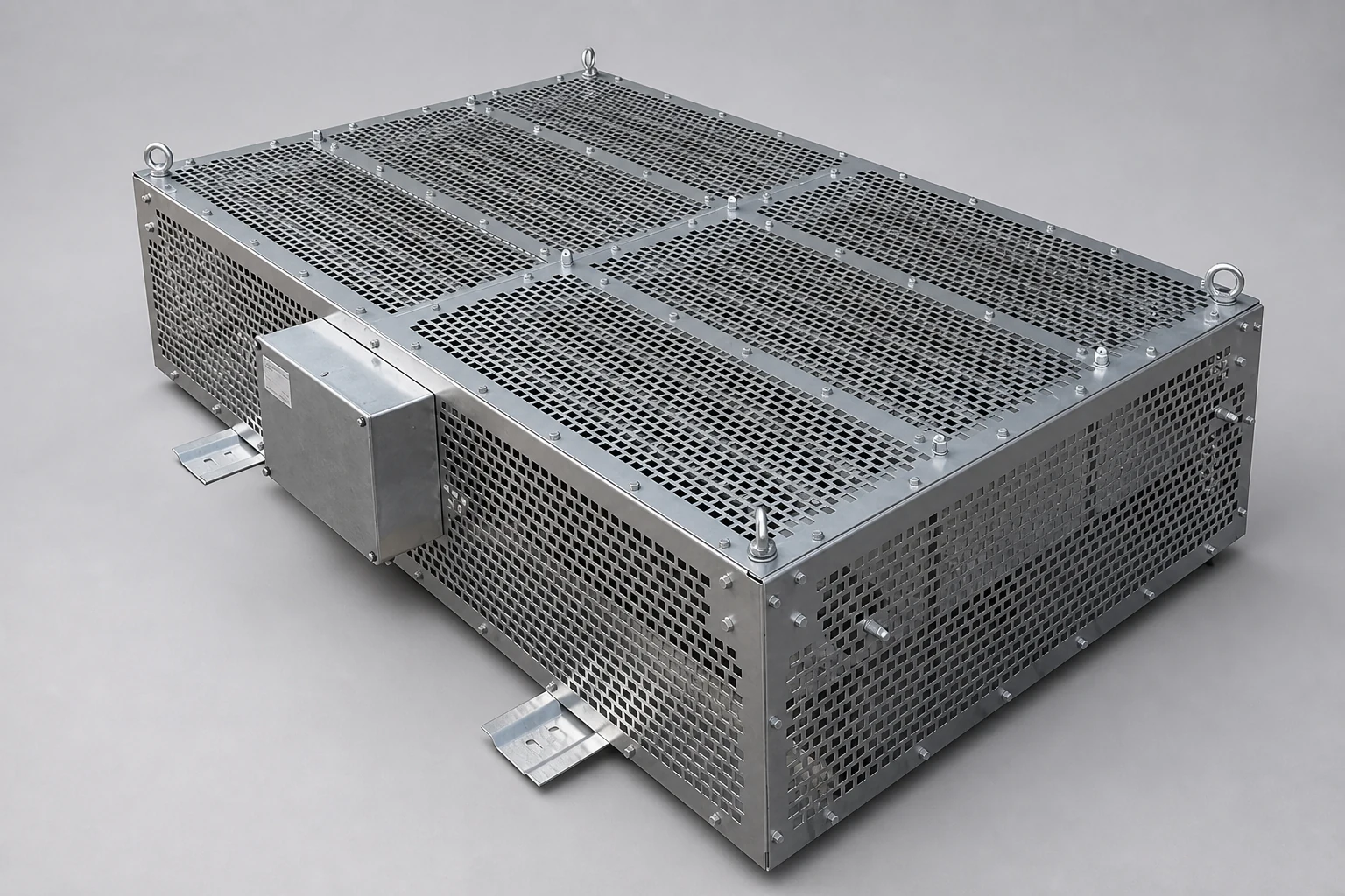 Roof-mounted perforated stainless-steel railway braking resistor with terminal box