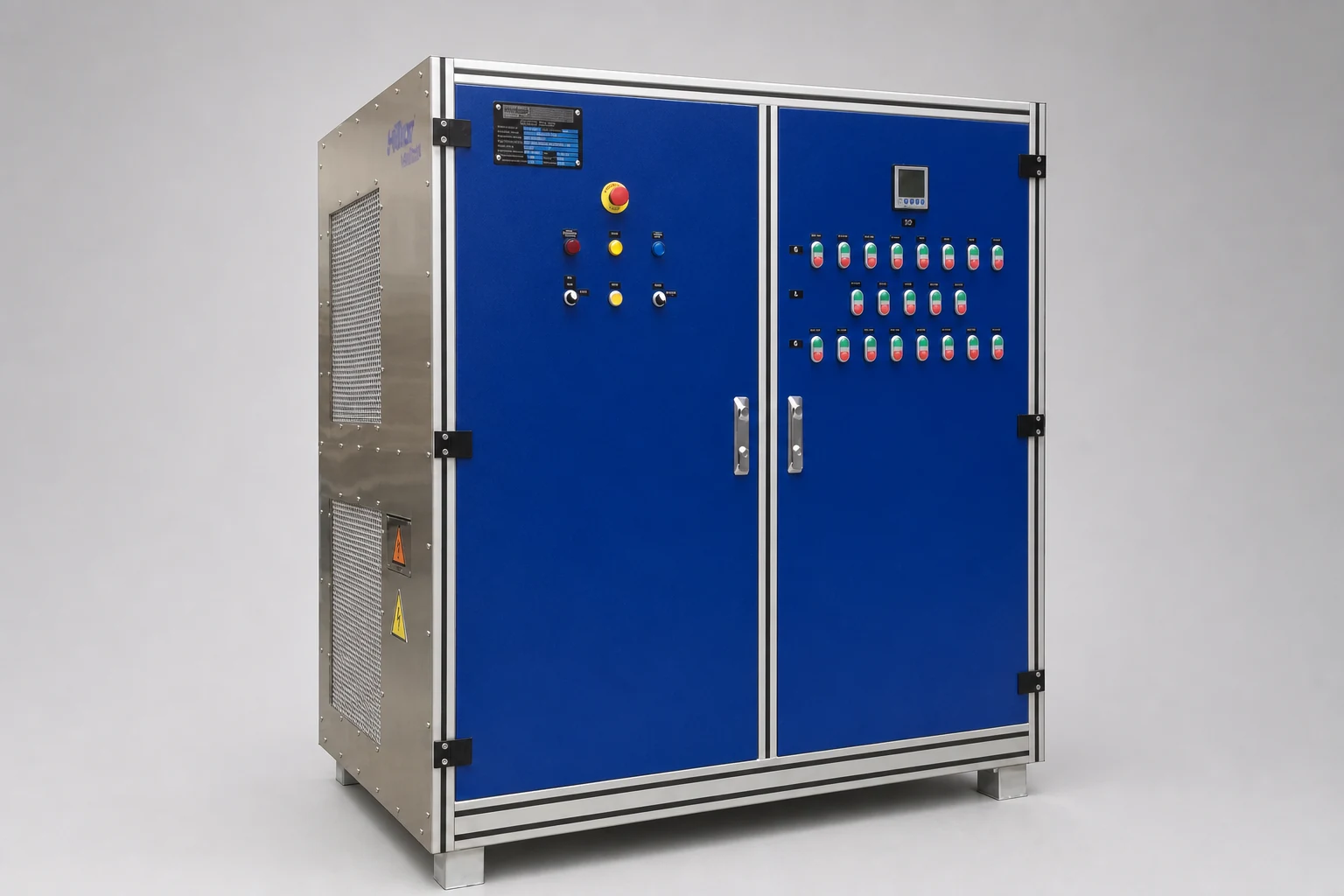 Blue two-door control cabinet with emergency stop, pilot lights and on/off pushbuttons for a locomotive testing load bank