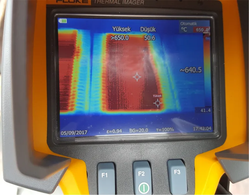 Thermal imaging camera reading of a railway resistor under test reaching approximately 640 degrees Celsius