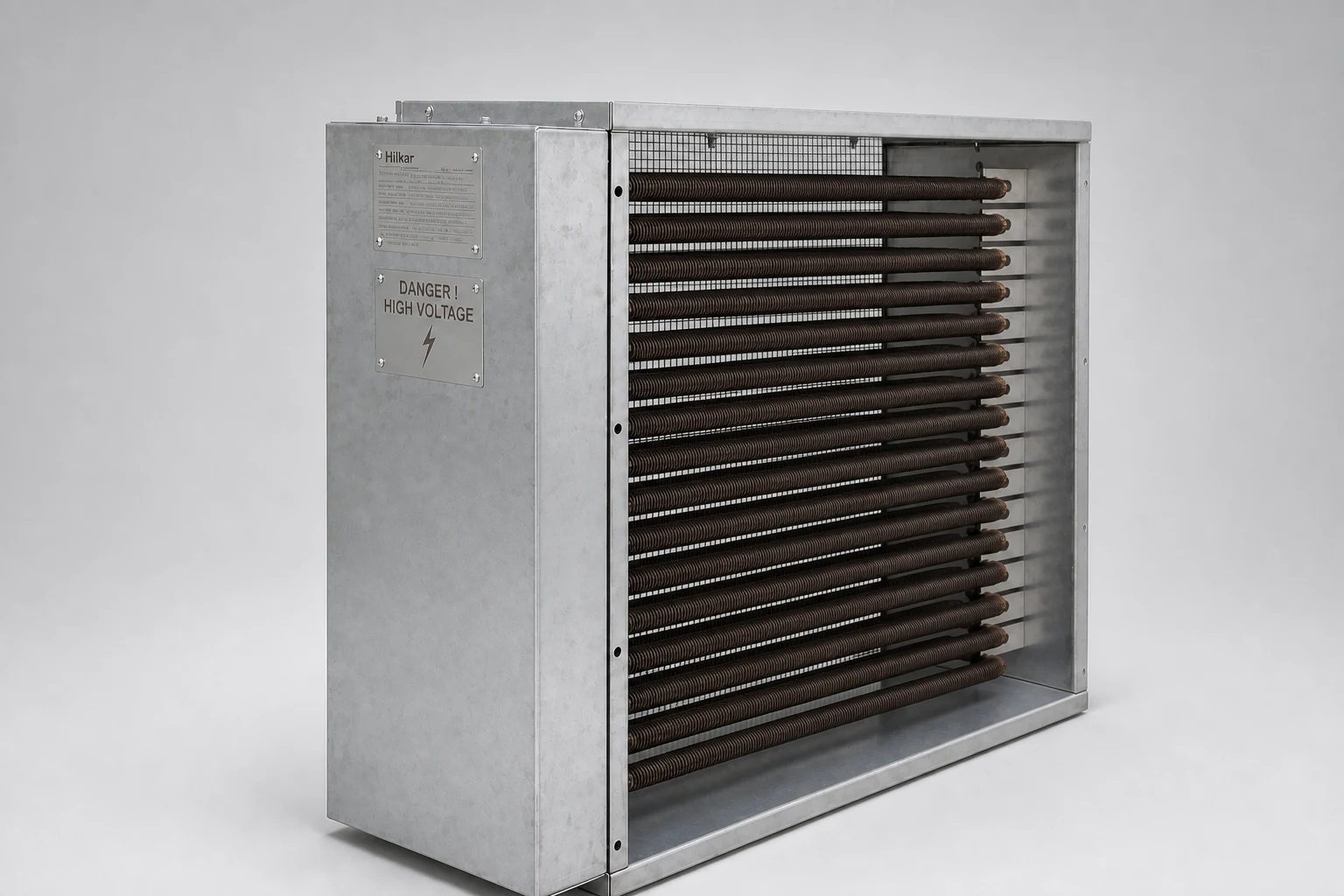 RD-Series radiator mounted load bank with sheet steel enclosure, high voltage warning plate and finned tubular resistor elements