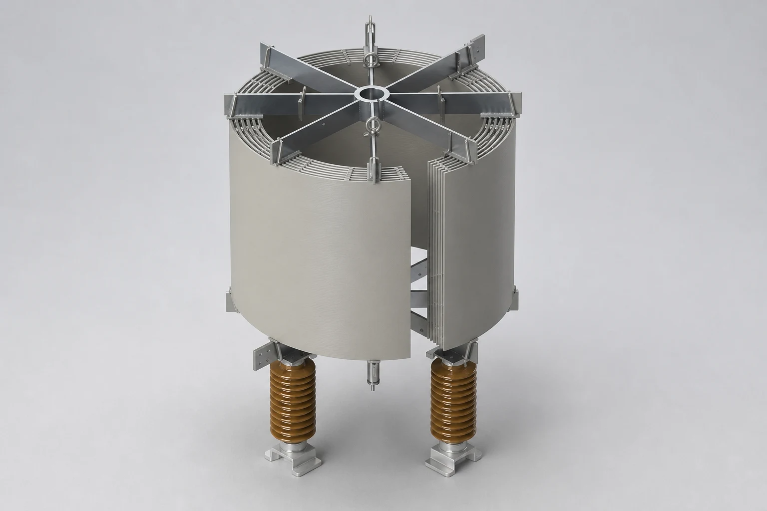 Air core reactor with split cylindrical winding, spider-arm frame and two support insulators