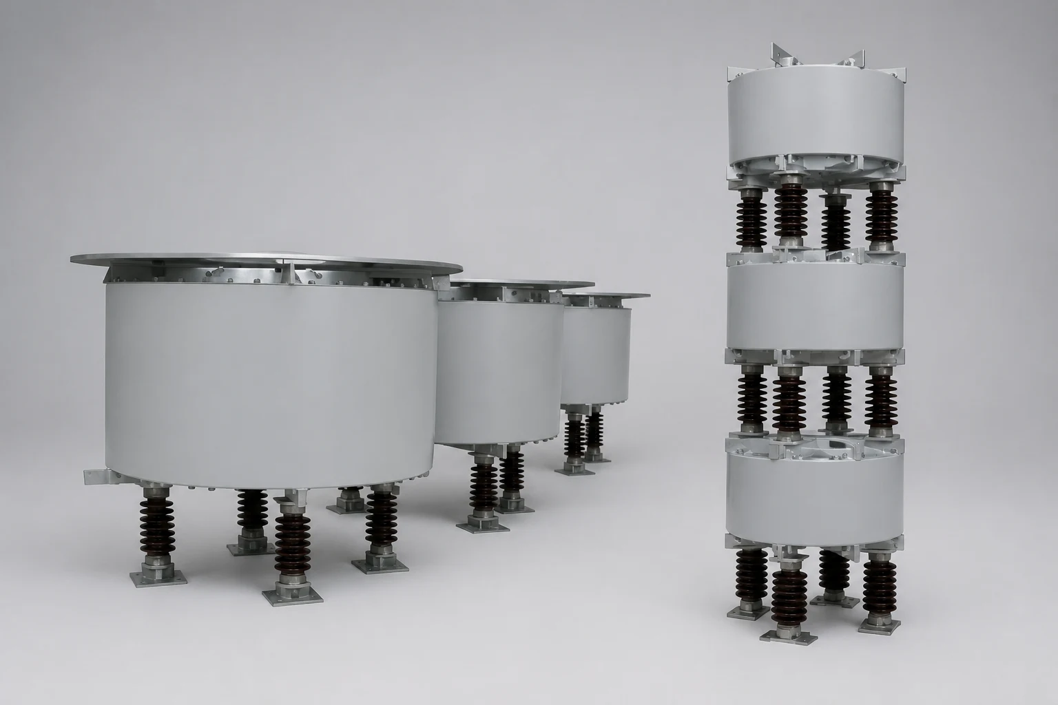 Two sets of three air core shunt reactor units in horizontal and vertical mounting arrangements