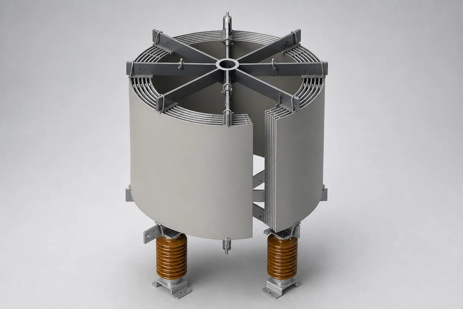 Air core reactor with split cylindrical winding, spider-arm frame and two support insulators