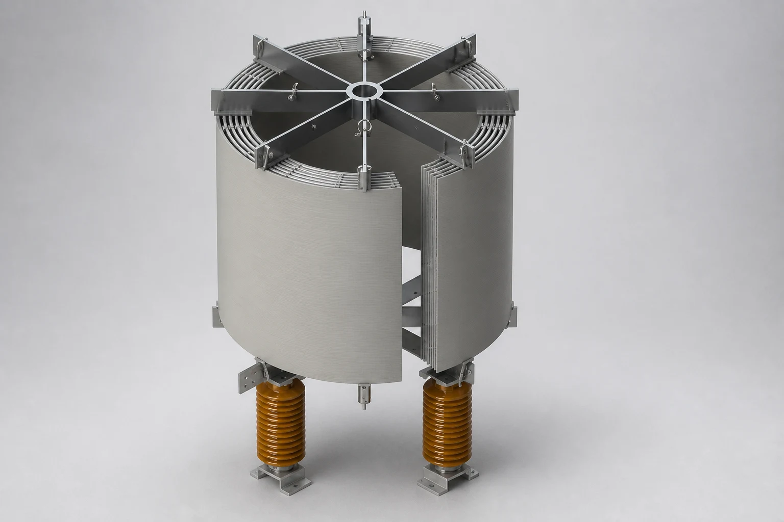 Air core reactor with split cylindrical winding, spider-arm frame and two support insulators